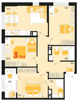 Планировка 3-комн. квартира, 76.8 м² ЖК «Первое место»