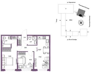 Планировка 3-комн. квартира, 55.67 м² ЖК «Сердце Сибири»