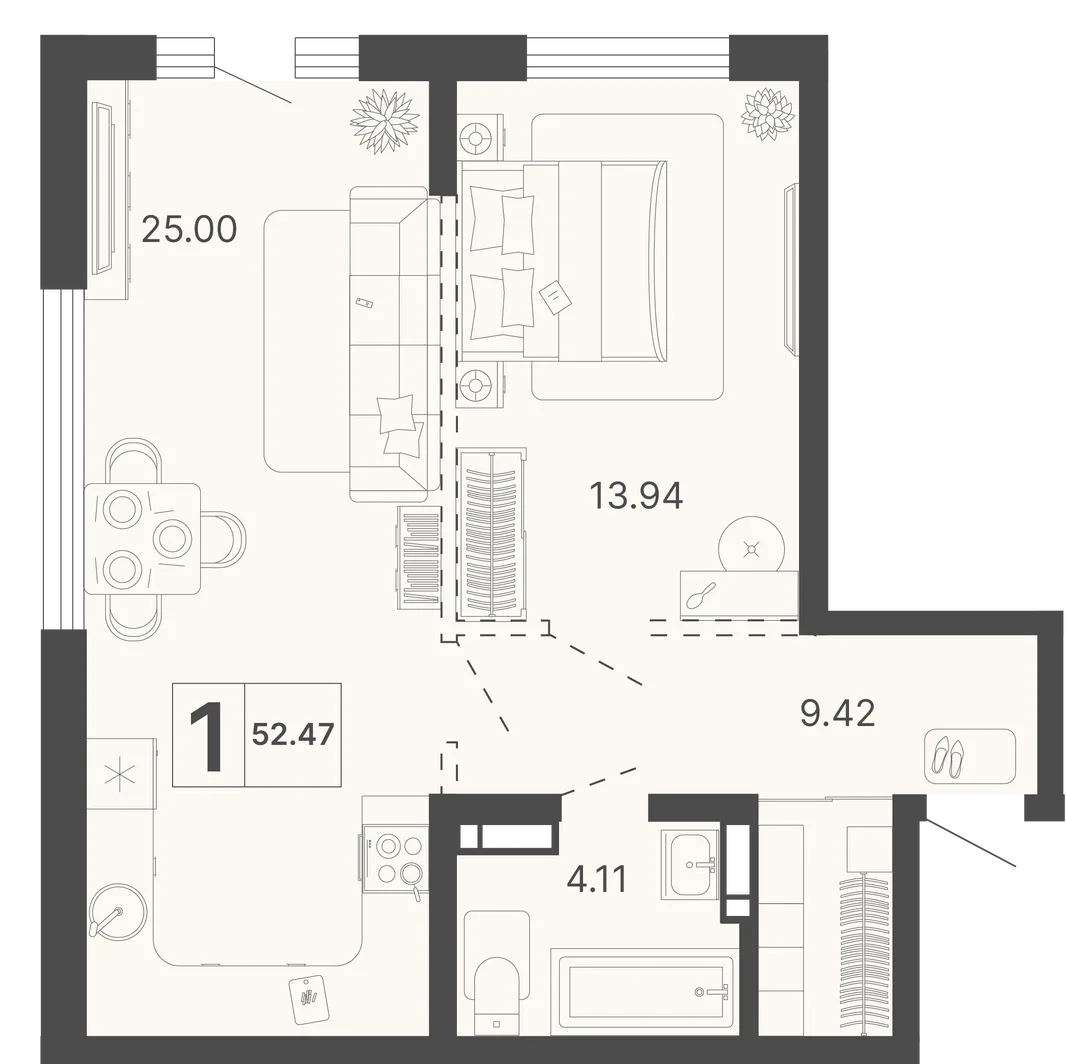 Планировка 1-комн. квартира, 52.47 м² ЖК «Светский лес»