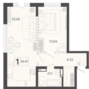 Планировка 1-комн. квартира, 52.47 м² ЖК «Светский лес»