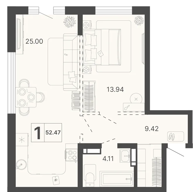 Планировка 1-комн. квартира, 52.47 м² ЖК «Светский лес» Планировка 1-комн. квартира, 52.47 м² ЖК «Светский лес»