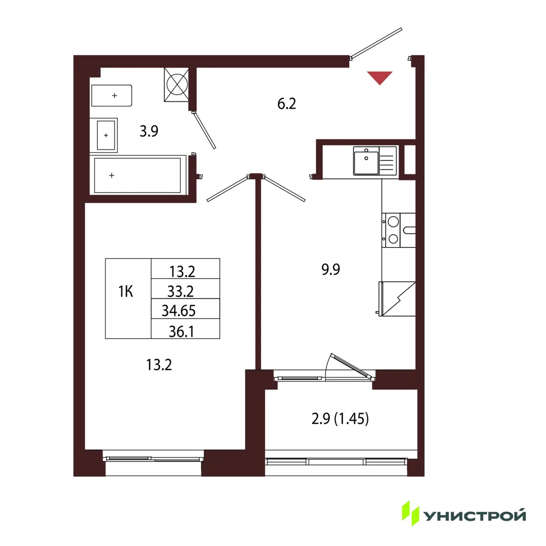 Планировка 1-комн. квартира, 34.65 м² ЖК «Лисино»