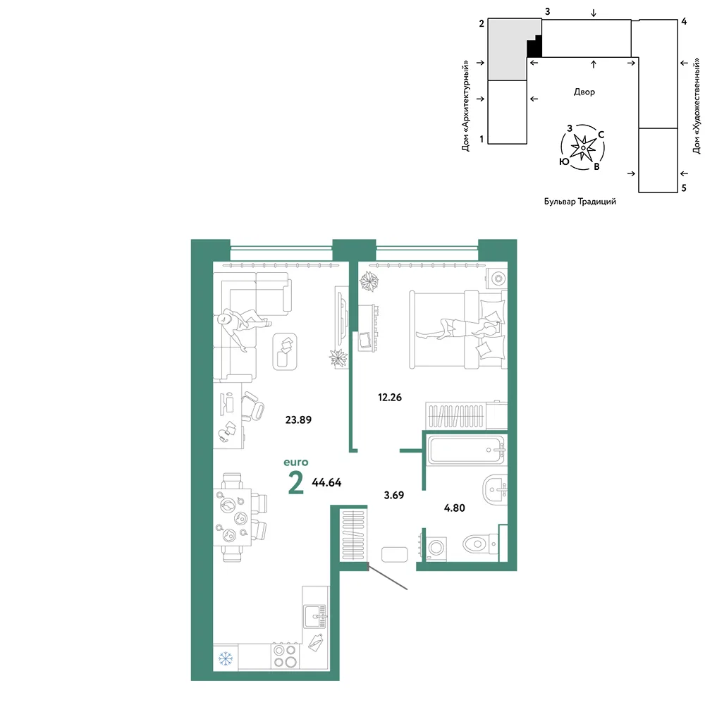 Планировка 2-комн. квартира, 44.64 м² ЖК «Микрорайон Домашний»