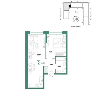 Планировка 2-комн. квартира, 44.64 м² ЖК «Микрорайон Домашний»