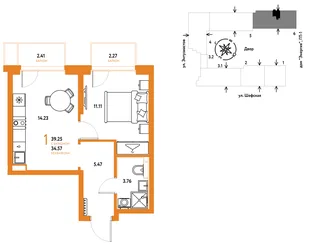 Планировка 1-комн. квартира, 39.24 м² ЖК «Страна.Энтузиастов»