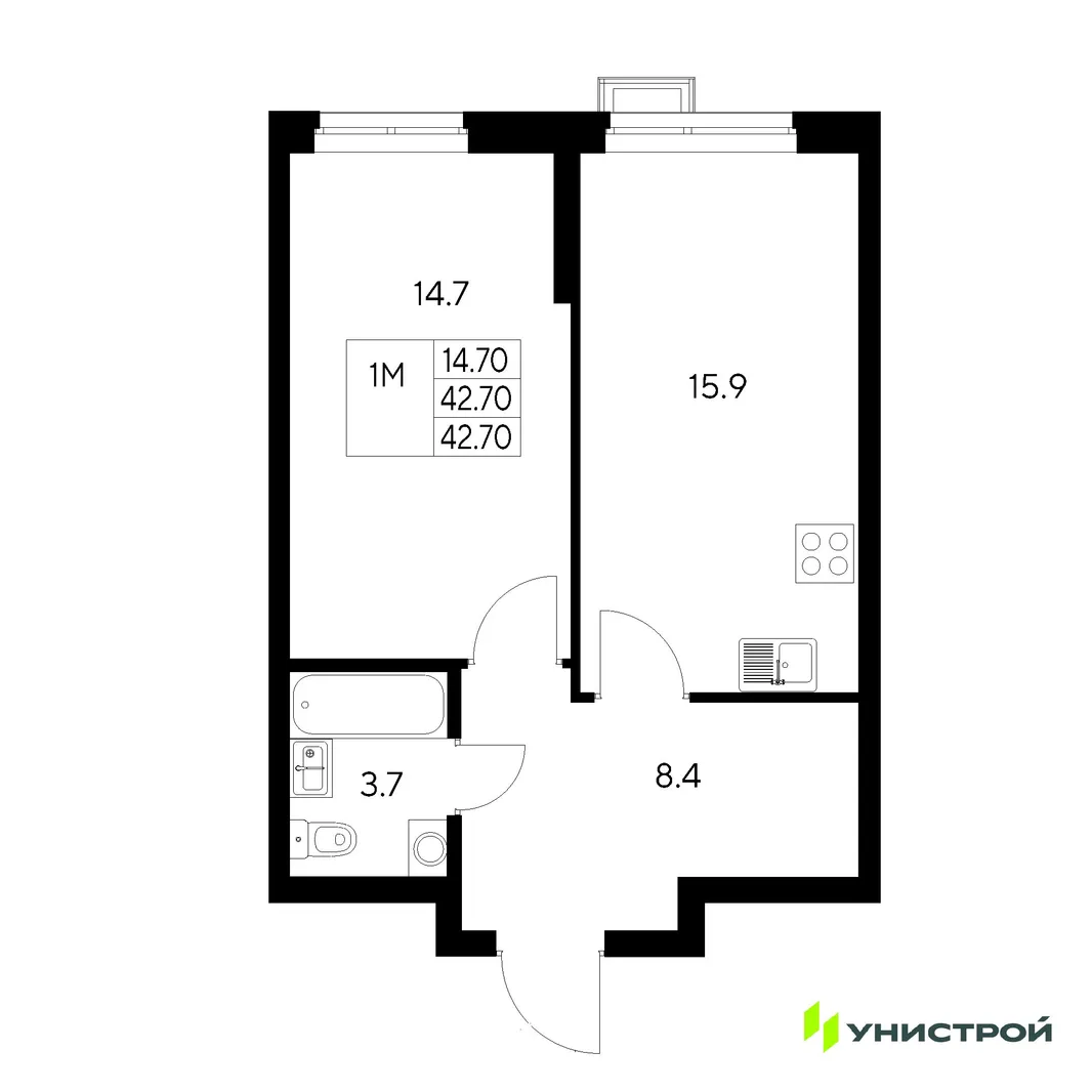 Планировка 1-комн. квартира, 42.7 м² ЖК «Стадиум»