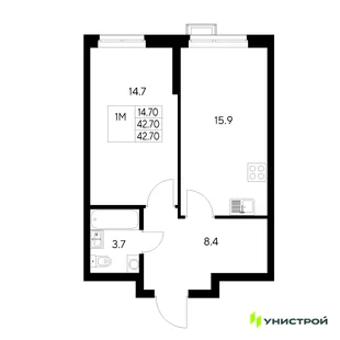 Планировка 1-комн. квартира, 42.7 м² ЖК «Стадиум»