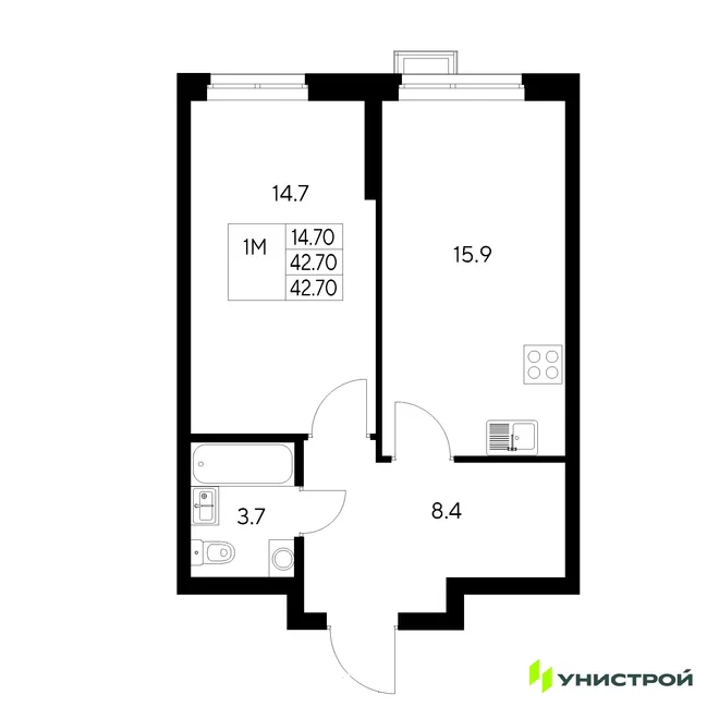 Планировка 1-комн. квартира, 42.7 м² ЖК «Стадиум» Планировка 1-комн. квартира, 42.7 м² ЖК «Стадиум»