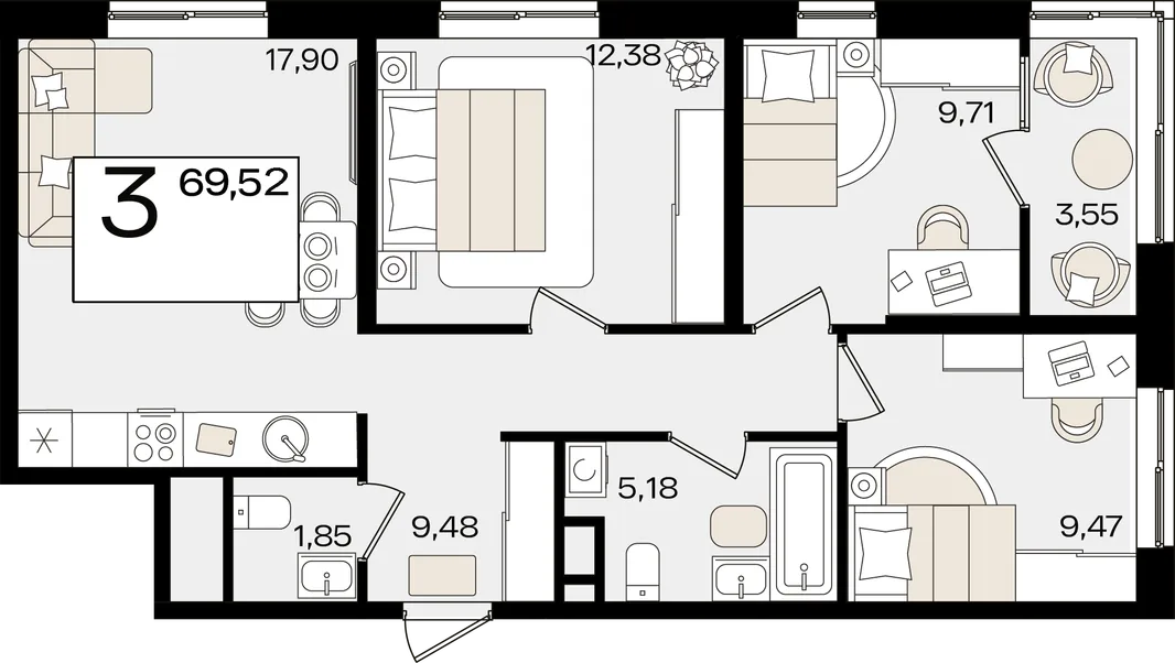 Планировка 3-комн. квартира, 69.52 м² ЖК «Патрики»
