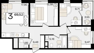 Планировка 3-комн. квартира, 69.52 м² ЖК «Патрики»