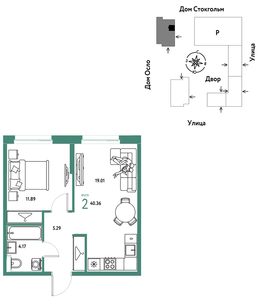 Планировка 2-комн. квартира, 40.36 м² ЖК «Европейский берег 2.0»