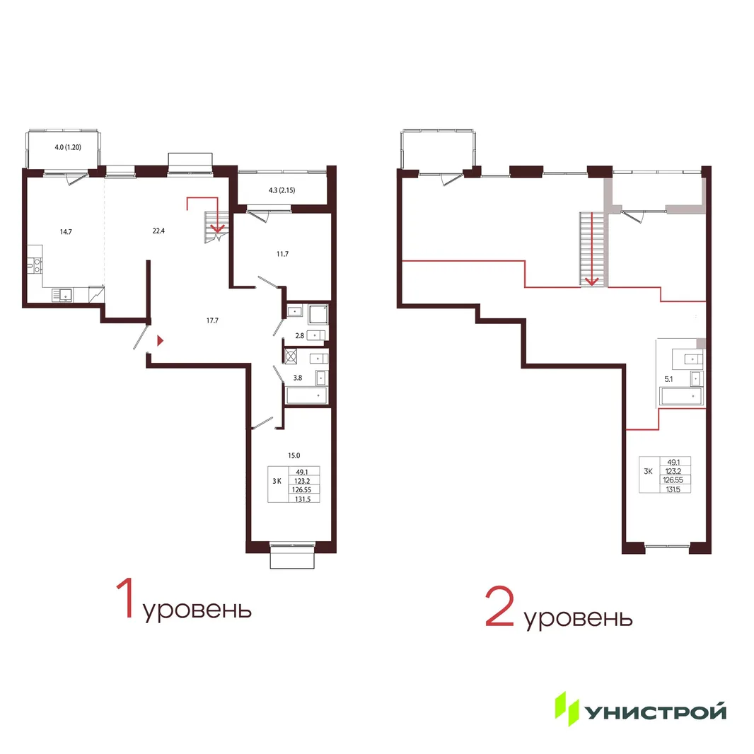 Планировка 3-комн. квартира, 126.55 м² ЖК «Лисино»