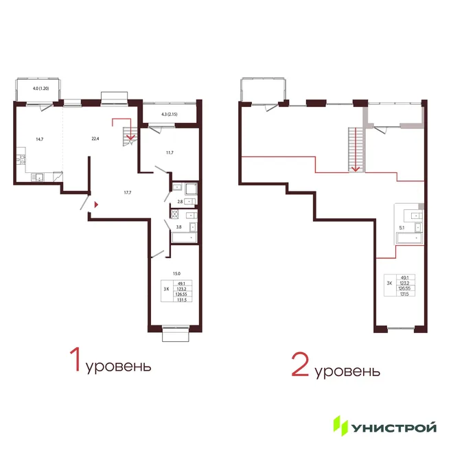 Планировка 3-комн. квартира, 126.55 м² ЖК «Лисино»