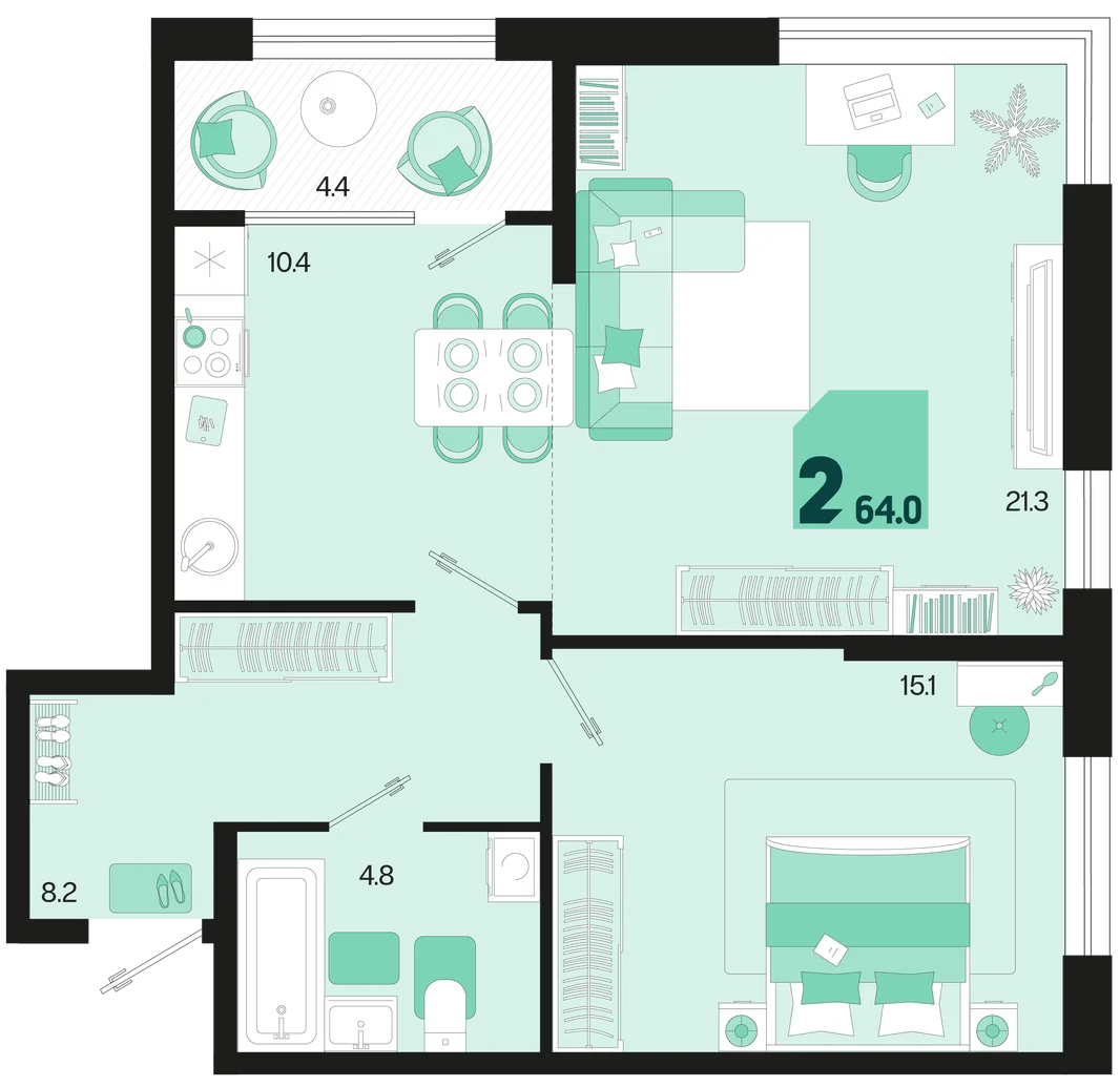 Планировка 2-комн. квартира, 64 м² ЖК «Первое место»