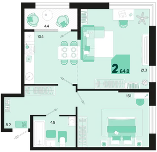 Планировка 2-комн. квартира, 64 м² ЖК «Первое место»