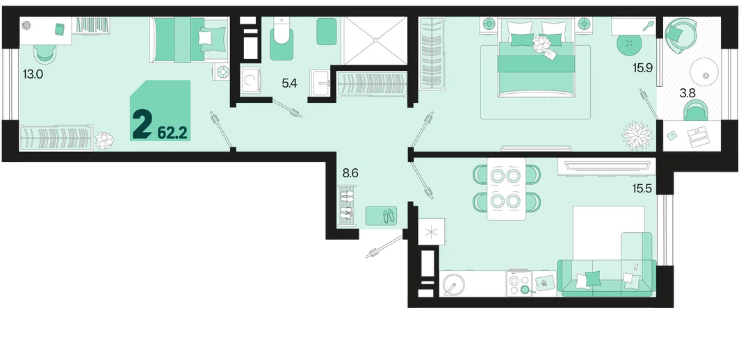 Планировка 2-комн. квартира, 62.2 м² ЖК «Первое место»