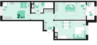 Планировка 2-комн. квартира, 62.2 м² ЖК «Первое место»