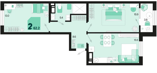 Планировка 2-комн. квартира, 62.2 м² ЖК «Первое место»