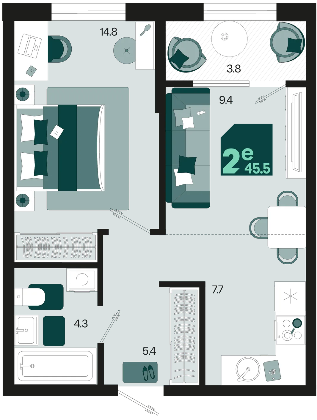 Планировка 2-комн. квартира, 45.5 м² ЖК «Первое место»