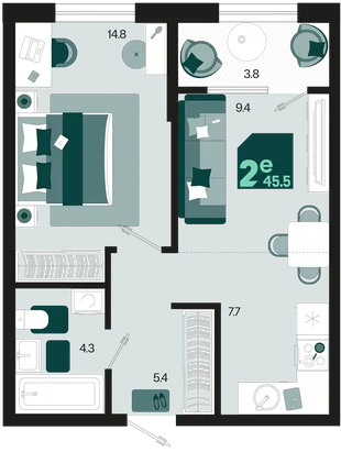 Планировка 2-комн. квартира, 45.5 м² ЖК «Первое место»