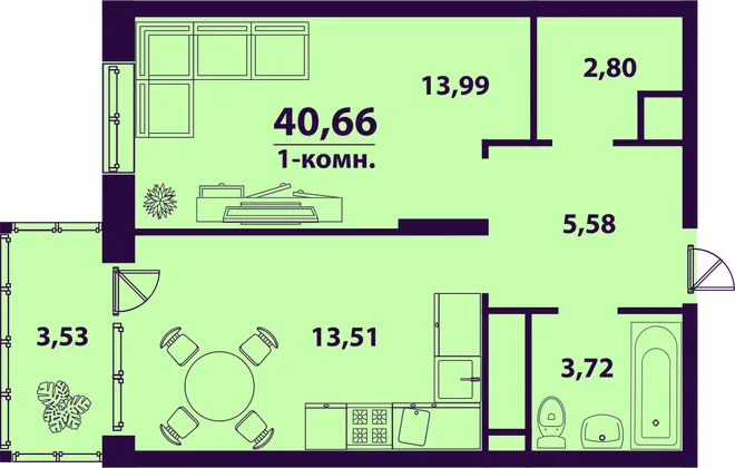 Планировка 1-комн. квартира, 40.66 м² ЖК «Сиреневый» Планировка 1-комн. квартира, 40.66 м² ЖК «Сиреневый»