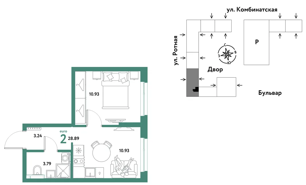 Планировка 2-комн. квартира, 28.71 м² ЖК «Уральский сад»