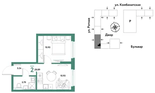 Планировка 2-комн. квартира, 28.71 м² ЖК «Уральский сад»
