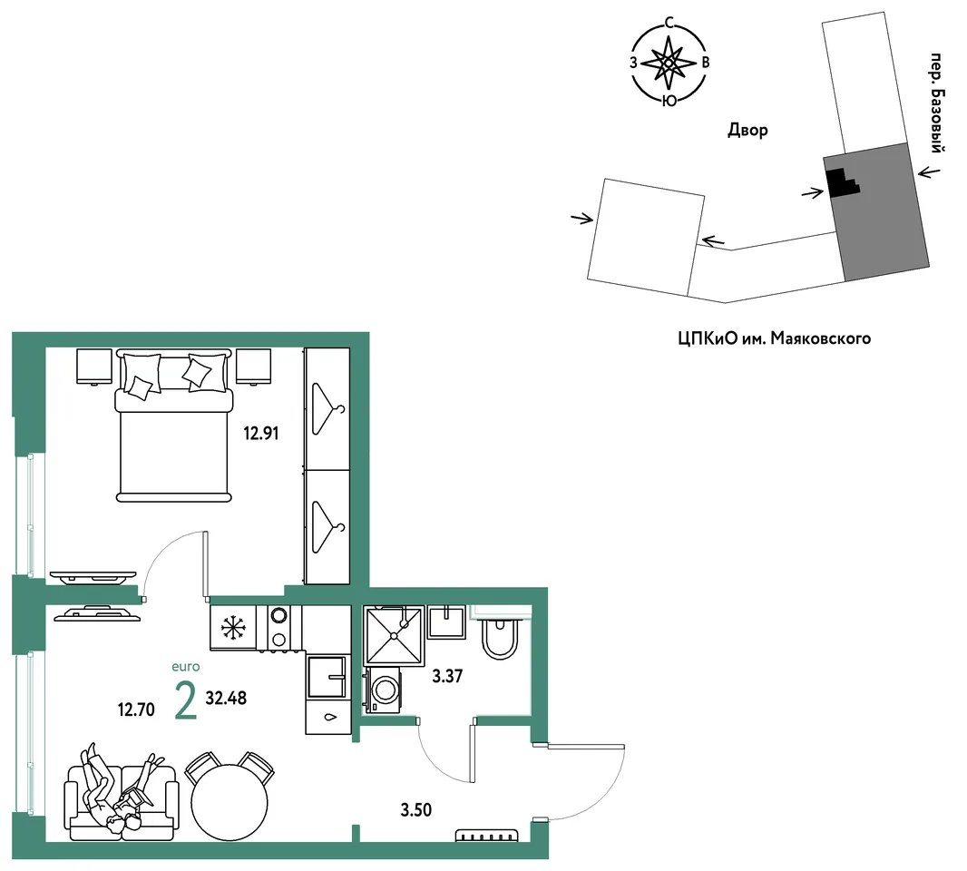 Планировка 2-комн. квартира, 32.48 м² ЖК «Сибирский сад»