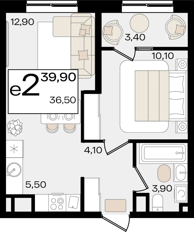 Планировка 2-комн. квартира, 39.9 м² ЖК «Патрики»