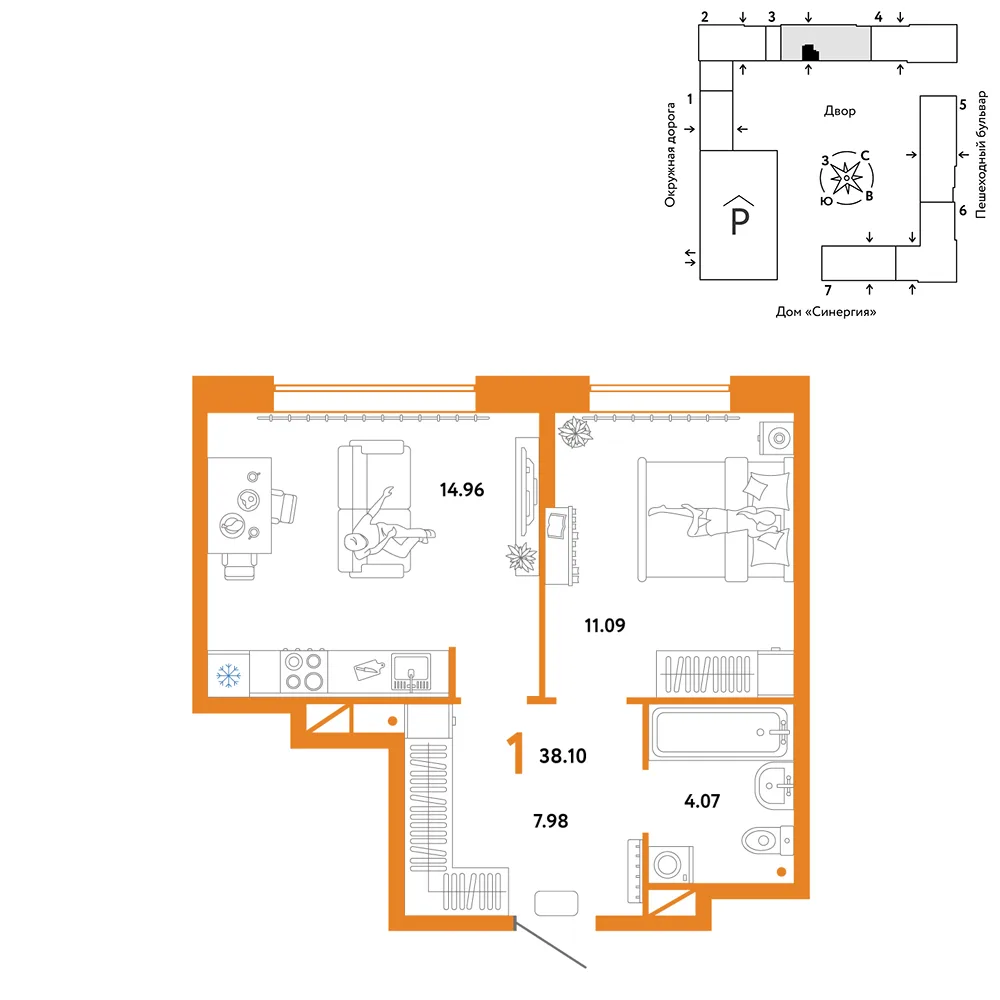 Планировка 1-комн. квартира, 38.1 м² ЖК «Юнион»