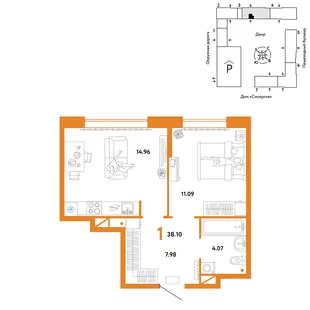 Планировка 1-комн. квартира, 38.1 м² ЖК «Юнион»