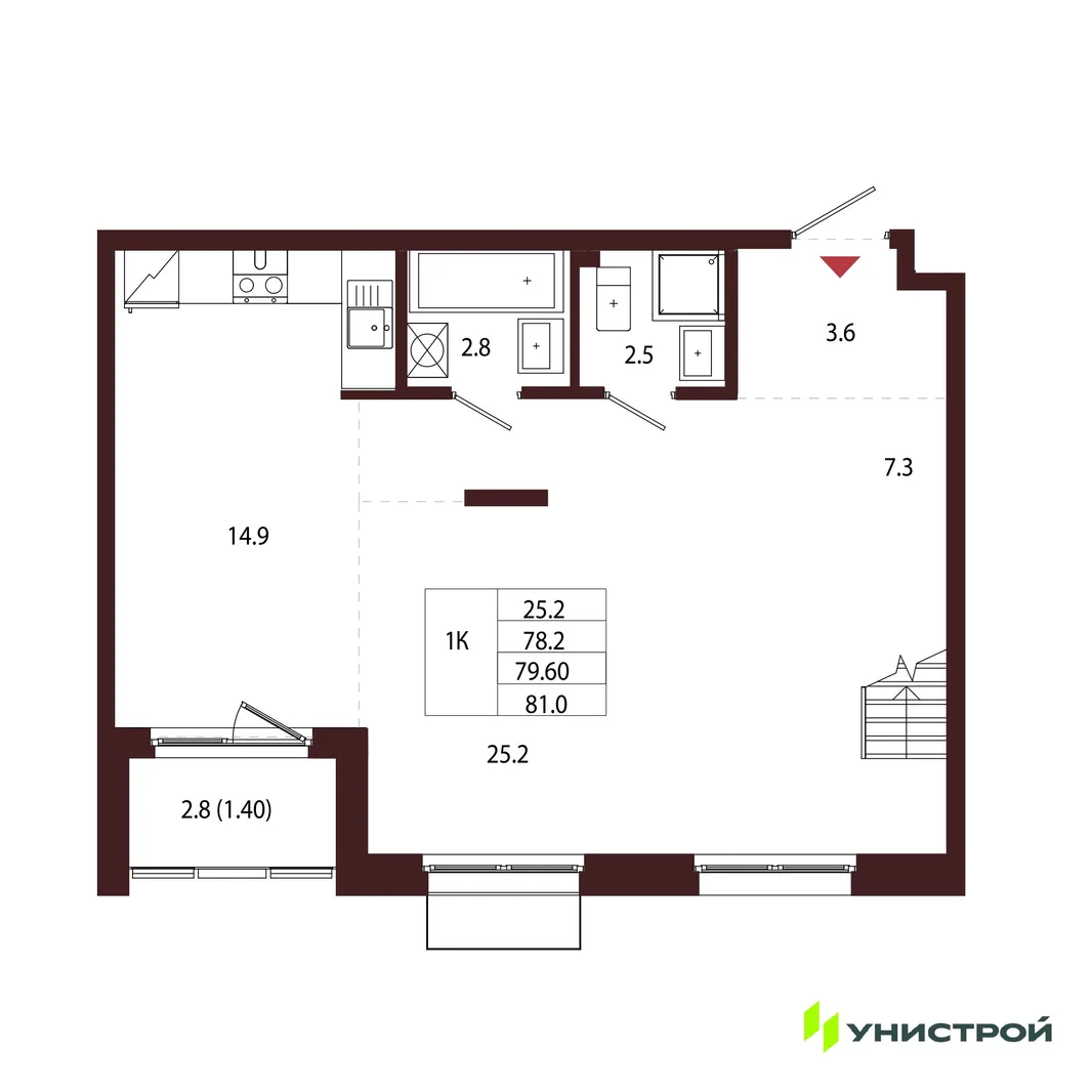 Планировка 1-комн. квартира, 79.6 м² ЖК «Лисино»