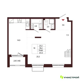 Планировка 1-комн. квартира, 79.6 м² ЖК «Лисино»