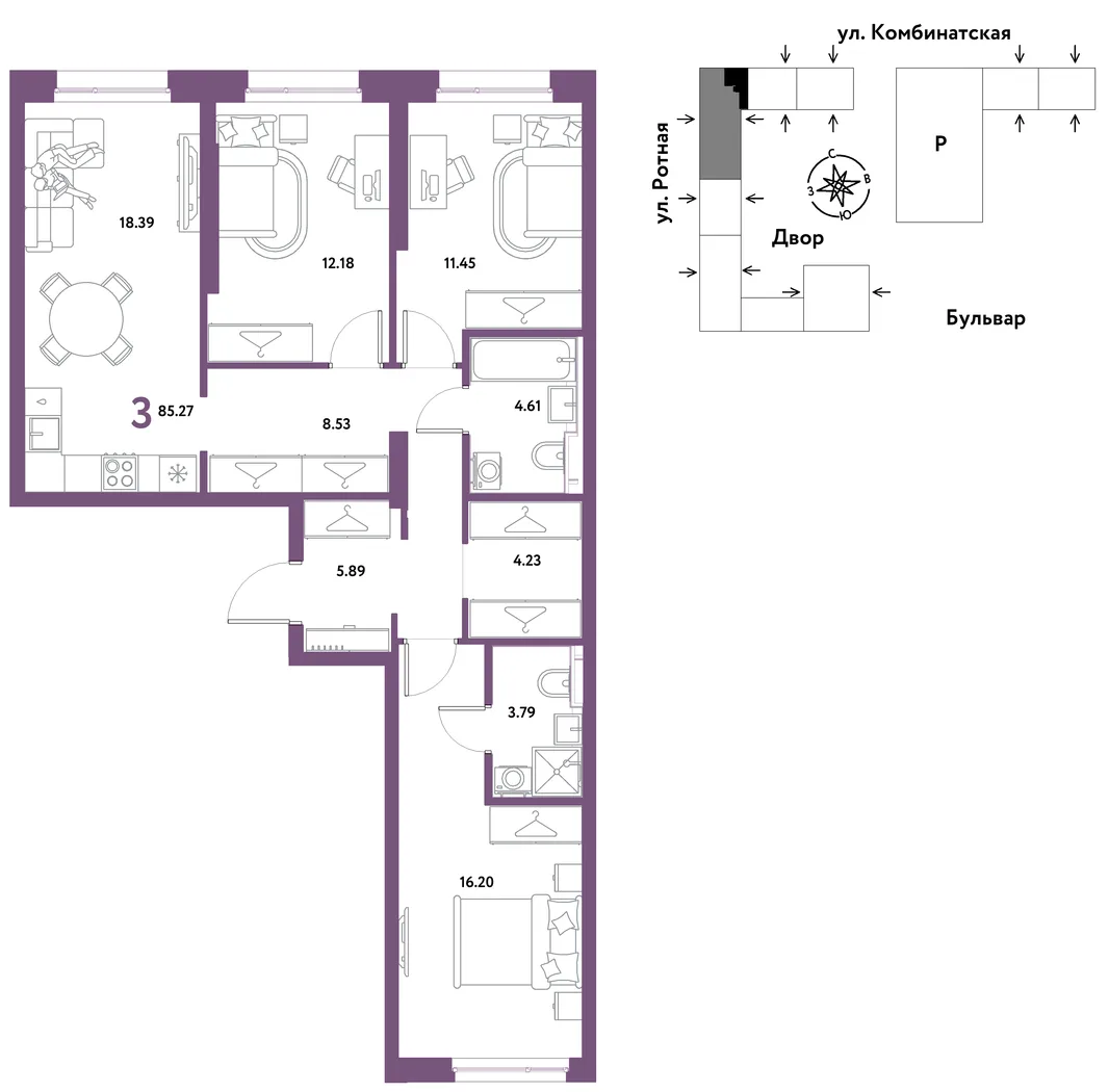 Планировка 3-комн. квартира, 84.51 м² ЖК «Уральский сад»