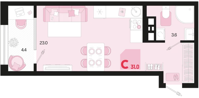 Планировка Студия, 31 м² ЖК «Первое место» Планировка Студия, 31 м² ЖК «Первое место»