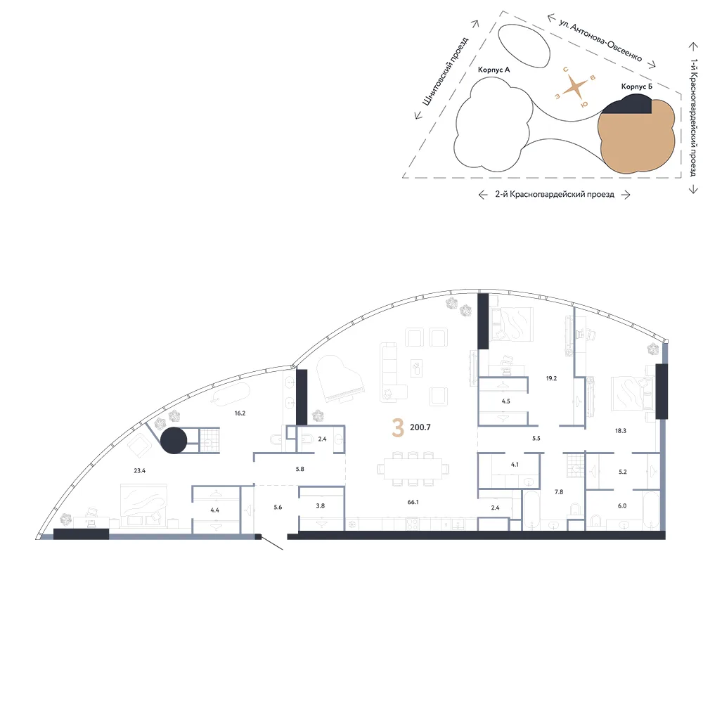 Планировка 3-комн. квартира, 200.7 м² ЖК «АУРУС Резиденции»