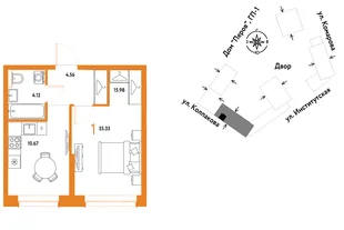 Планировка 1-комн. квартира, 35.33 м² ЖК «Страна.Парковая»
