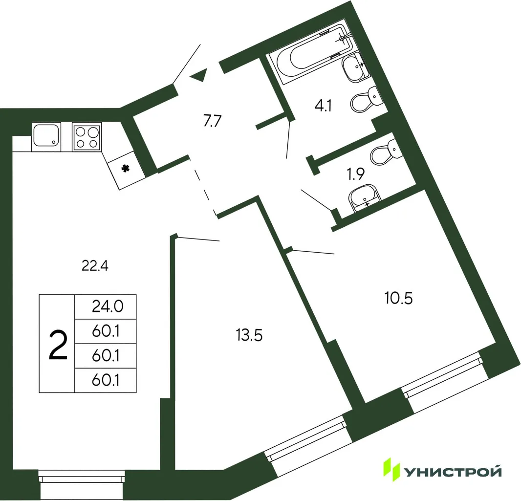 Планировка 2-комн. квартира, 60.1 м² ЖК «Парковый квартал 2.0»