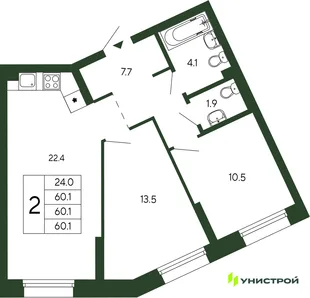 Планировка 2-комн. квартира, 60.1 м² ЖК «Парковый квартал 2.0»