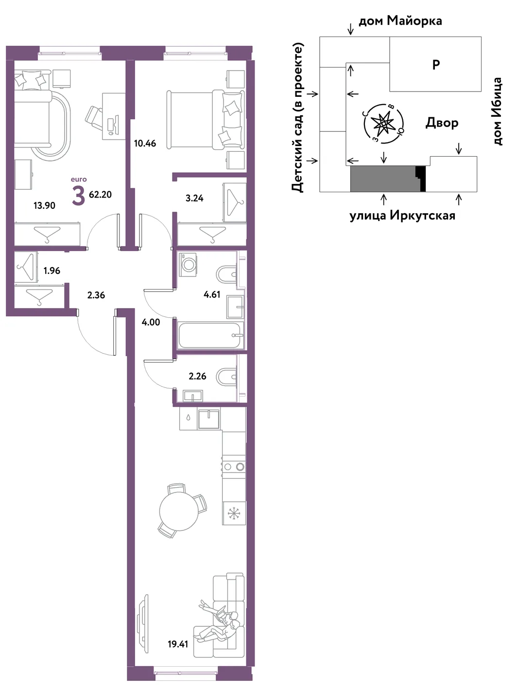 Планировка 3-комн. квартира, 62.2 м² ЖК «Остров-сад»