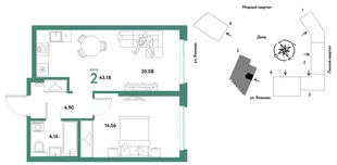 Планировка 2-комн. квартира, 43.18 м² ЖК «Сибирский сад»