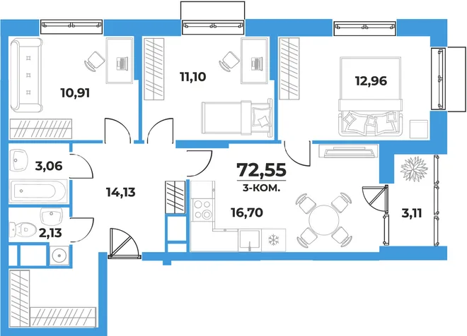 Планировка 3-комн. квартира, 72.55 м² ЖК «На семи холмах» Планировка 3-комн. квартира, 72.55 м² ЖК «На семи холмах»