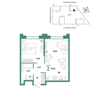 Планировка 2-комн. квартира, 39.52 м² ЖК «Микрорайон Звездный»