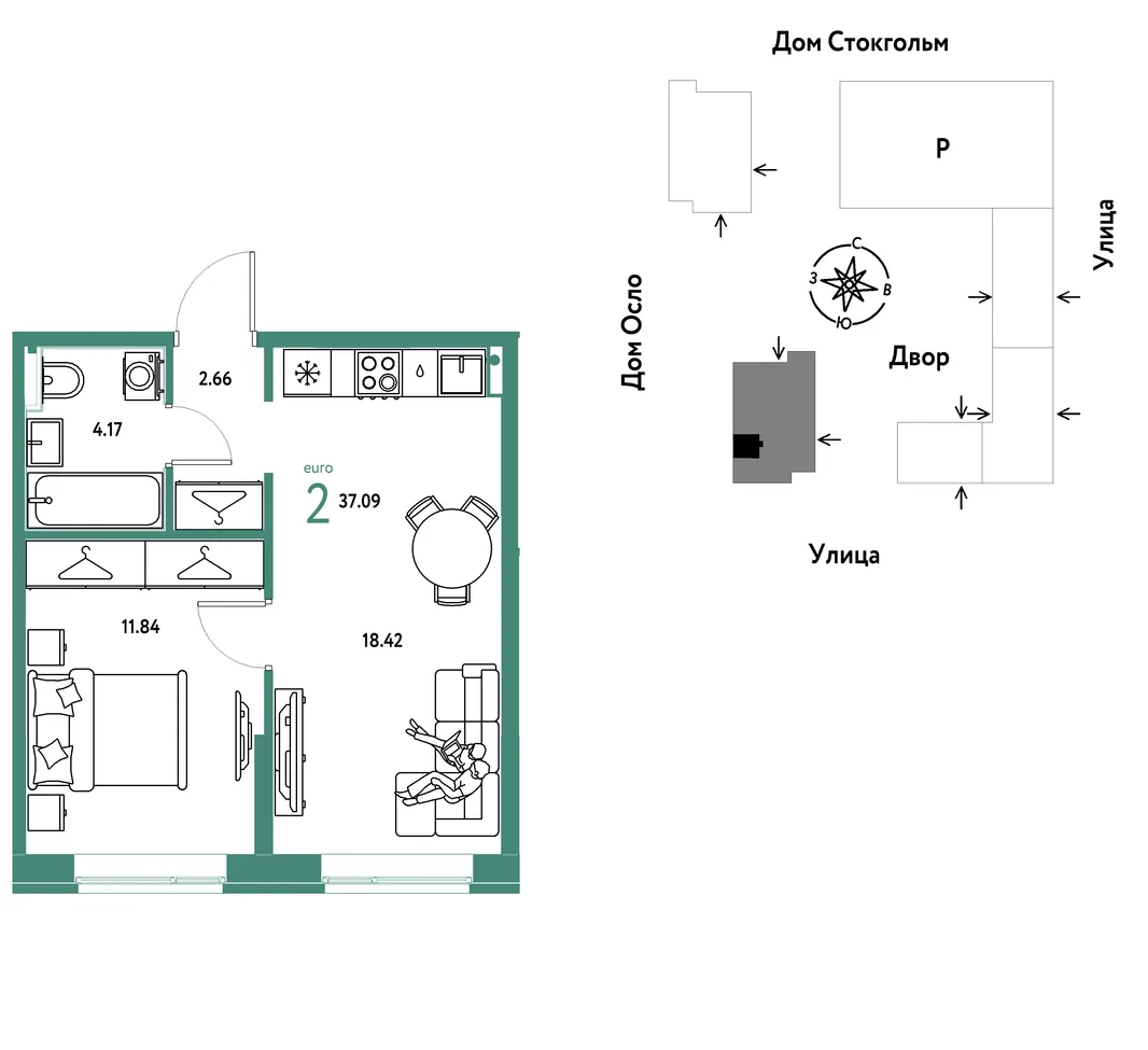 Планировка 2-комн. квартира, 37.09 м² ЖК «Европейский берег 2.0»
