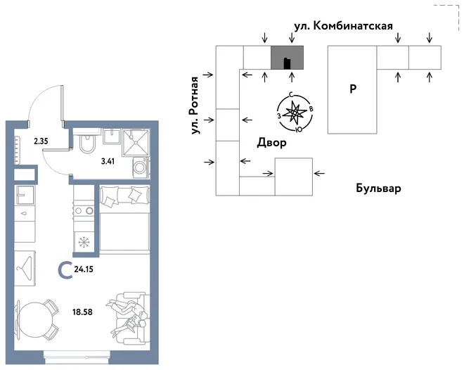 Планировка Студия, 24.15 м² ЖК «Уральский сад» Планировка Студия, 24.15 м² ЖК «Уральский сад»