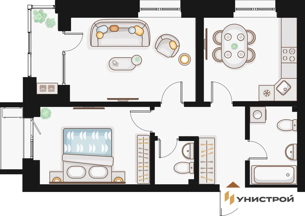 Планировка 2-комн. квартира, 56.88 м² ЖК «Жилой кластер Q на Кулагина»