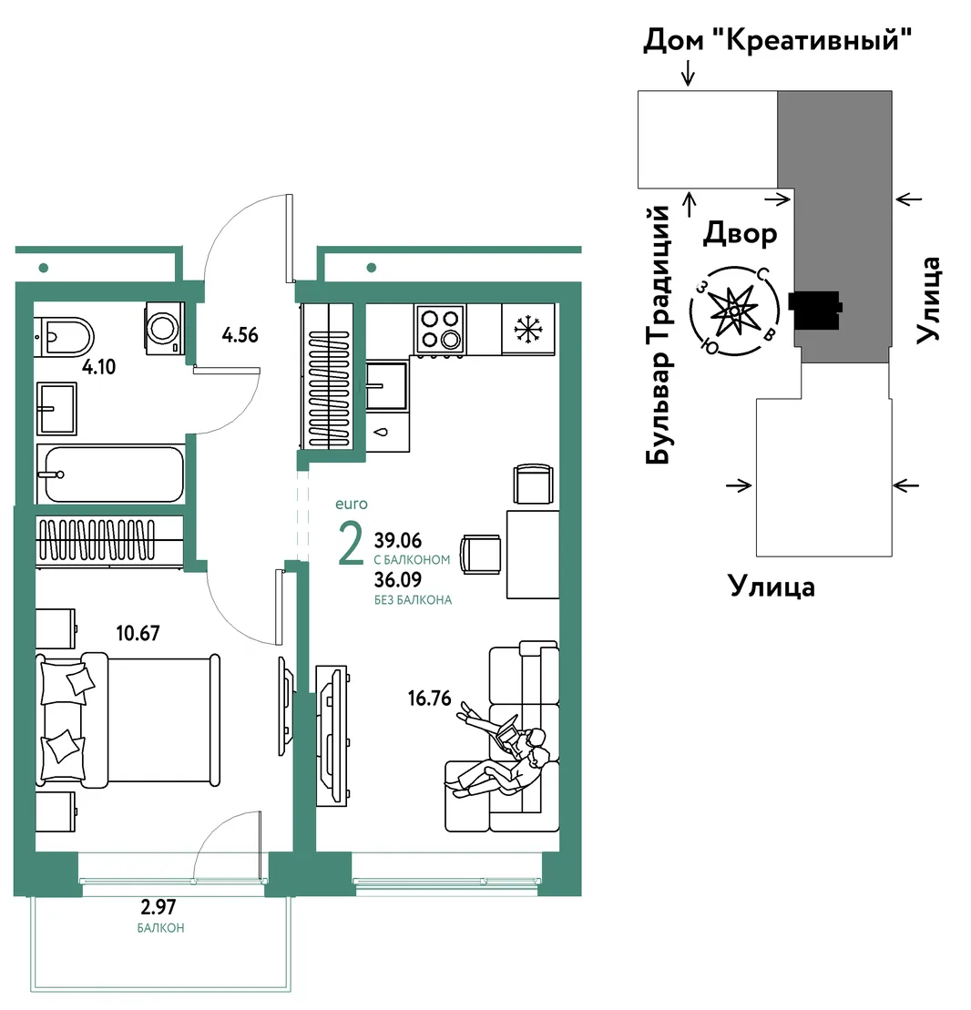 Планировка 2-комн. квартира, 39.06 м² ЖК «Микрорайон Домашний»