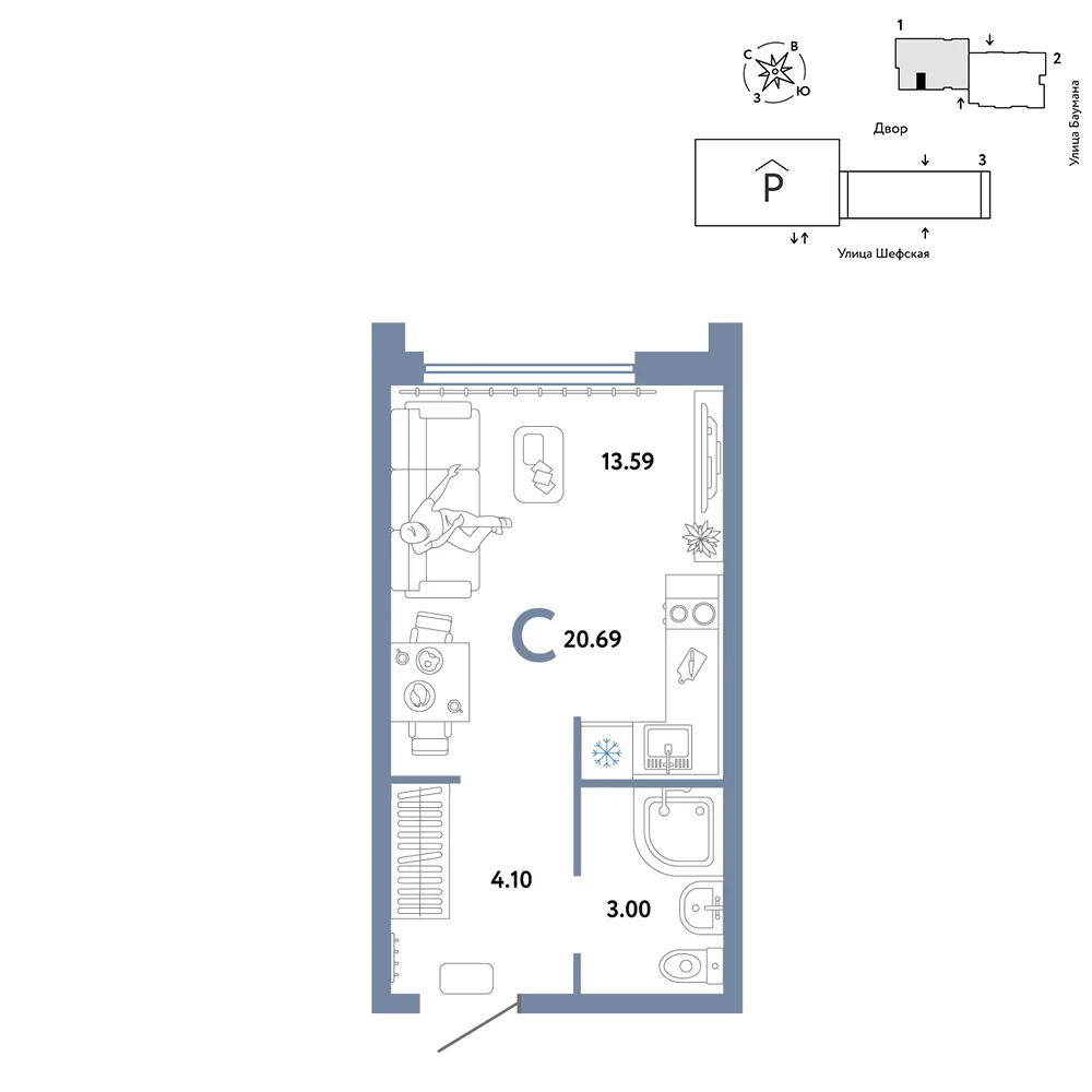 Планировка Студия, 20.69 м² ЖК «Страна.Энтузиастов»