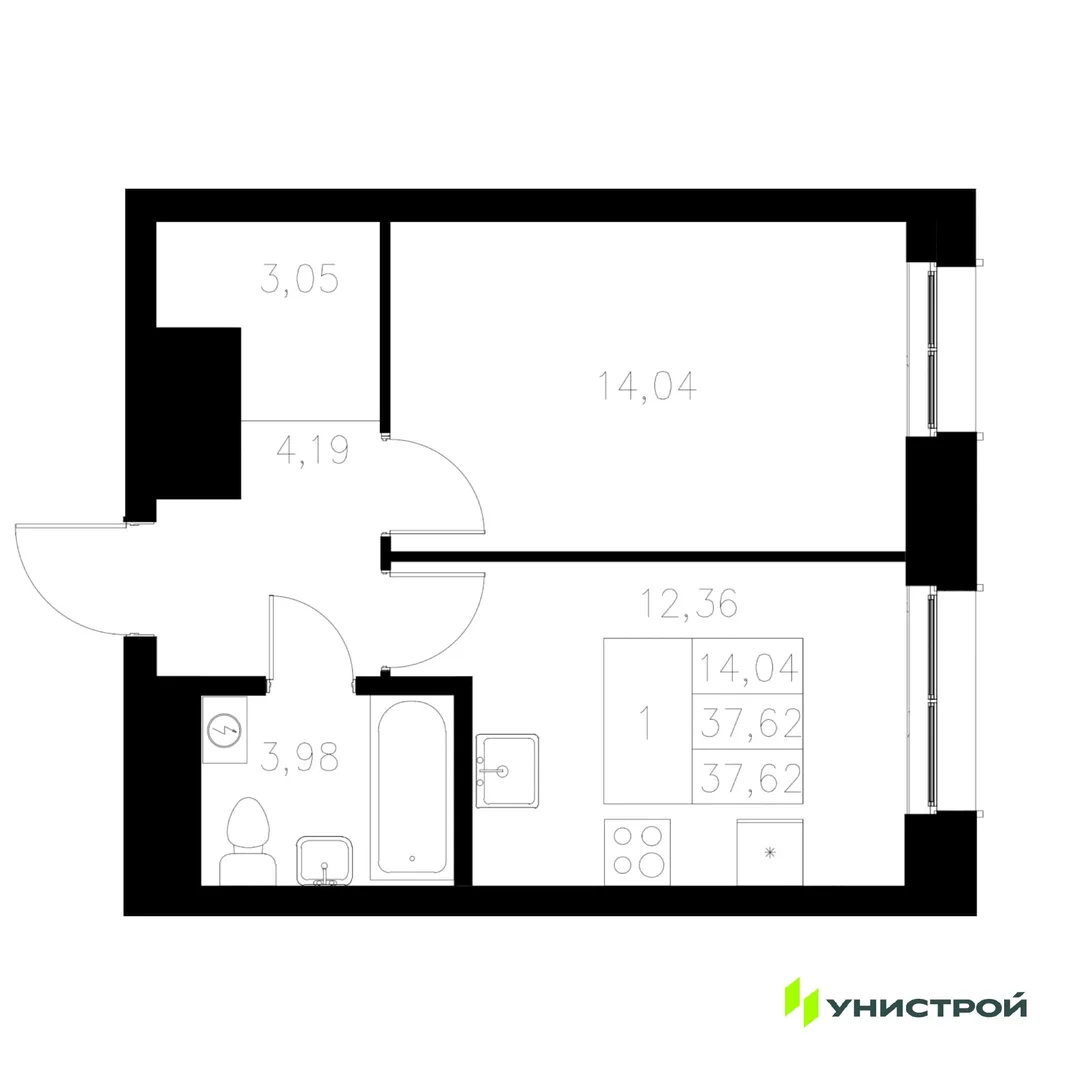 Планировка 1-комн. квартира, 37.62 м² ЖК «Statum»