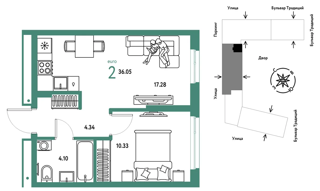 Планировка 2-комн. квартира, 36.05 м² ЖК «Микрорайон Домашний»